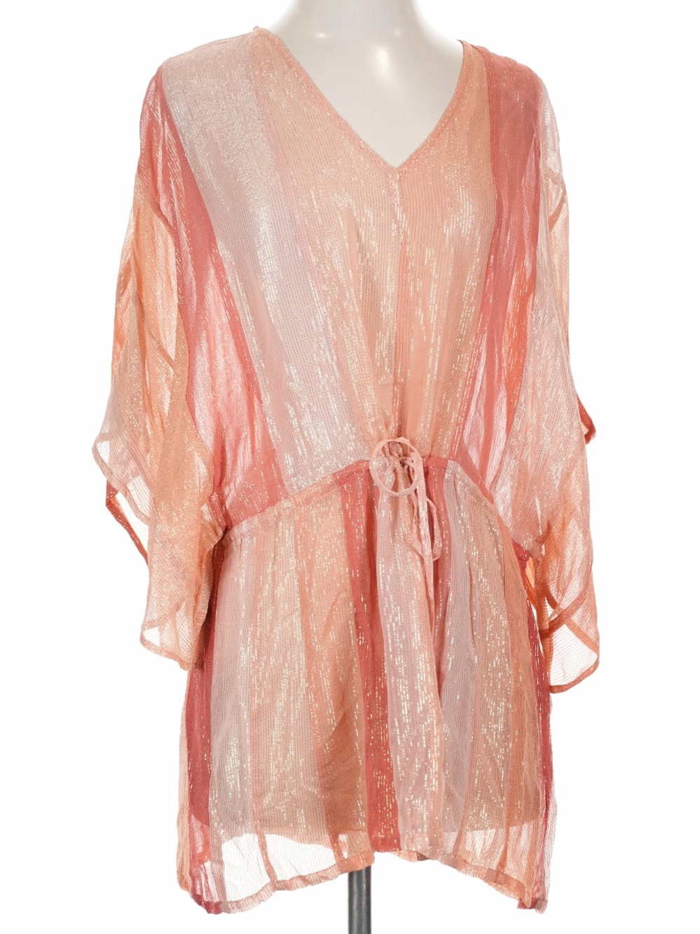 Sundress womans Sheer V-Neck Tie-Waist Swim Coverup in Peach Stripe S